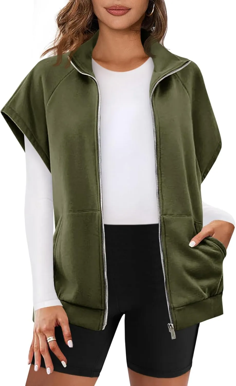 Fisoew Womens Oversized Zip Up Sweatshirts Warm Fleece Vests Fall Casual Sleeveless Jackets with Pockets