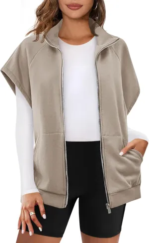 Fisoew Womens Oversized Zip Up Sweatshirts Warm Fleece Vests Fall Casual Sleeveless Jackets with Pockets