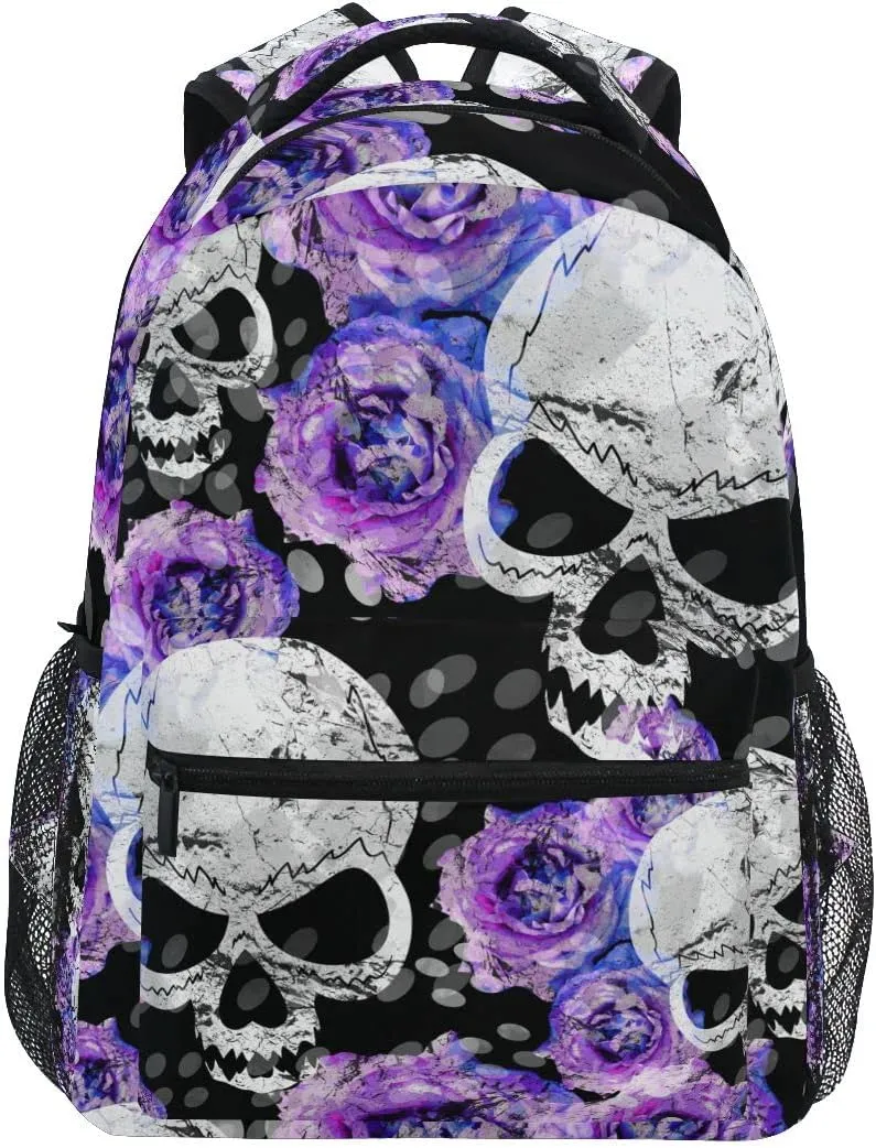 Fisyme Flowers Skulls Gothic Backpack Laptop Bag Daypack Travel Hiking School Backpacks for Men Women Kids Girls Boys