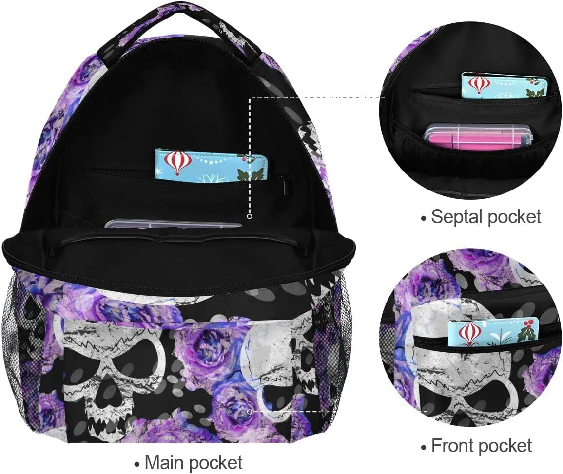 Fisyme Flowers Skulls Gothic Backpack Laptop Bag Daypack Travel Hiking School Backpacks for Men Women Kids Girls Boys
