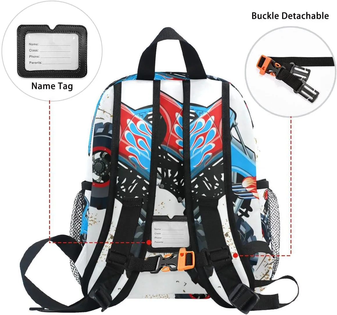 Fisyme Toddler Backpack Cartoon Monster Truck School Bag Kids Backpacks for Kindergarten Preschool Nursery Girl Boys, S