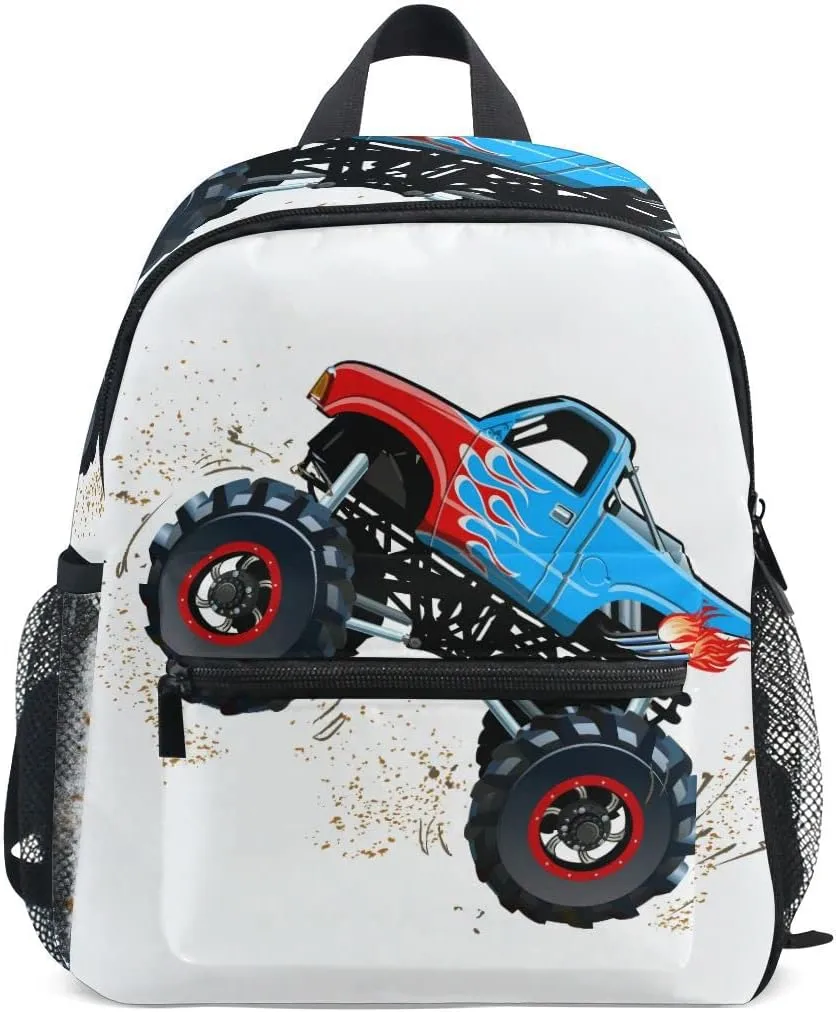 Fisyme Toddler Backpack Cartoon Monster Truck School Bag Kids Backpacks for Kindergarten Preschool Nursery Girl Boys, S