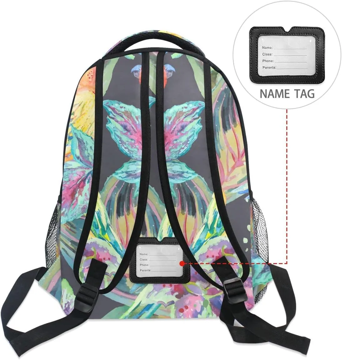 Fisyme Watercolor Parrots Bird Backpack Laptop Bag Daypack Travel Hiking School Backpacks for Men Women Kids Girls Boys