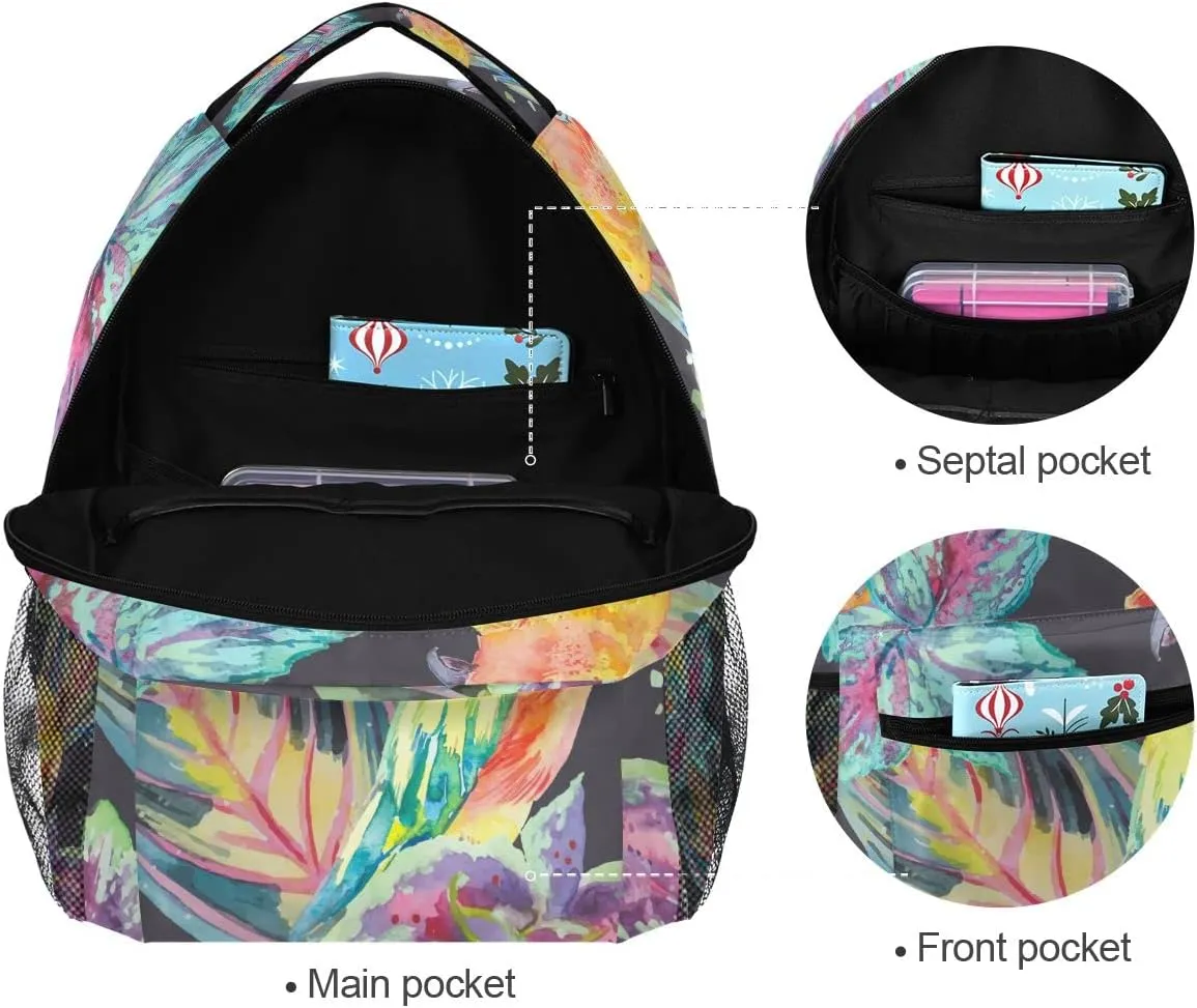Fisyme Watercolor Parrots Bird Backpack Laptop Bag Daypack Travel Hiking School Backpacks for Men Women Kids Girls Boys