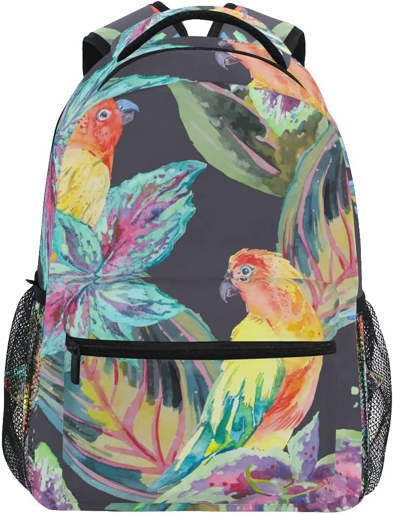 Fisyme Watercolor Parrots Bird Backpack Laptop Bag Daypack Travel Hiking School Backpacks for Men Women Kids Girls Boys