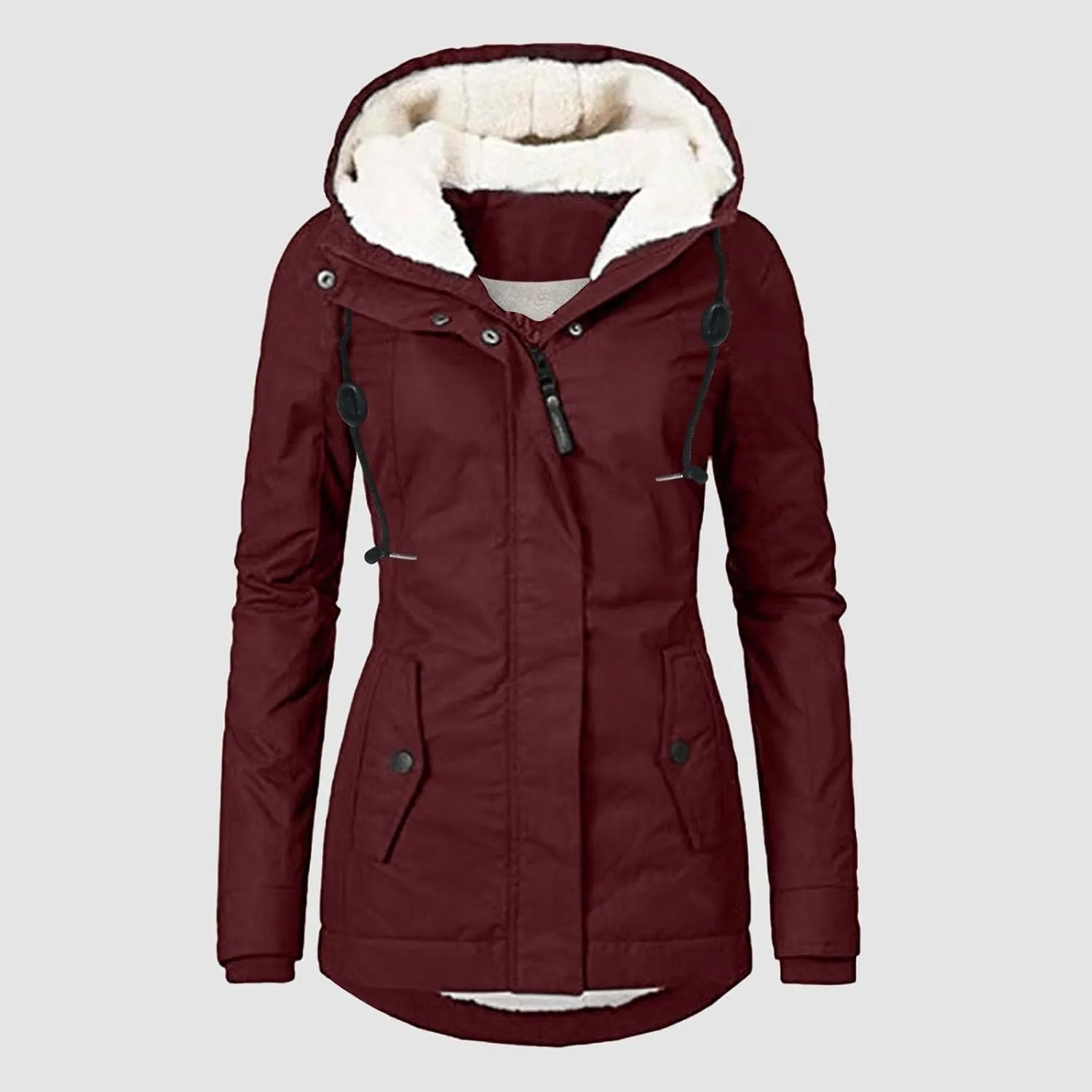 Fleece Coat for Women Long Sleeve Button Full Zip Up Plain Hooded Plush Jacket with Pocket Plus Size Trendy Autumn Winter