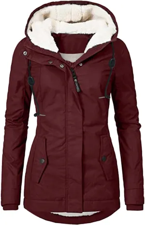 Fleece Coat for Women Long Sleeve Button Full Zip Up Plain Hooded Plush Jacket with Pocket Plus Size Trendy Autumn Winter
