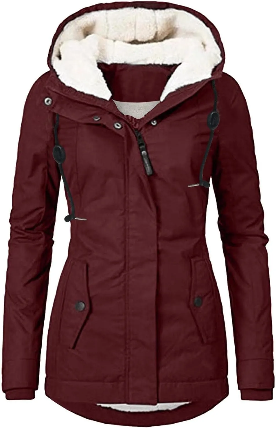 Fleece Coat for Women Long Sleeve Button Full Zip Up Plain Hooded Plush Jacket with Pocket Plus Size Trendy Autumn Winter