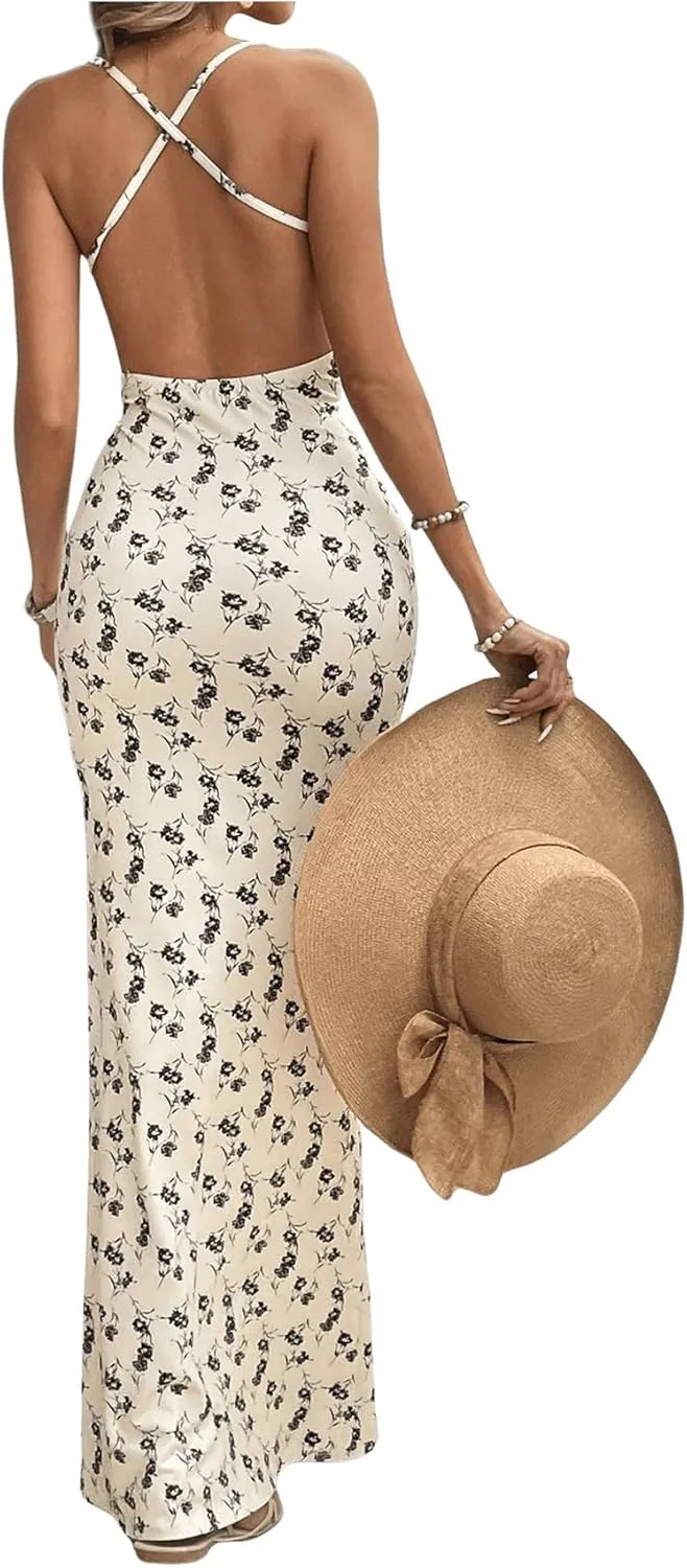 Floerns Women's Floral Draped Front Cami Dress Criss Cross Backless Bodycon Maxi Dress