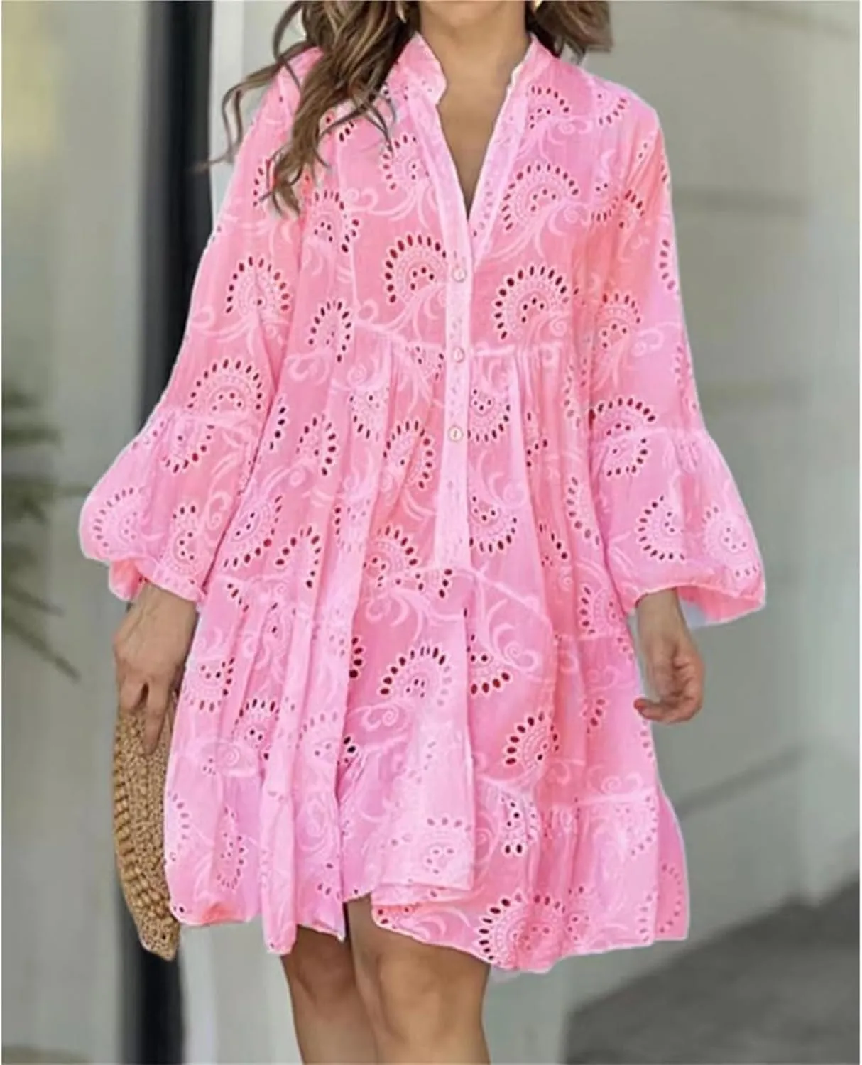Floral Dress for Women Long Sleeve Summer Midi Dresses V Neck Boho Dresses Beach Vacation Flowy Sundress Lightweight