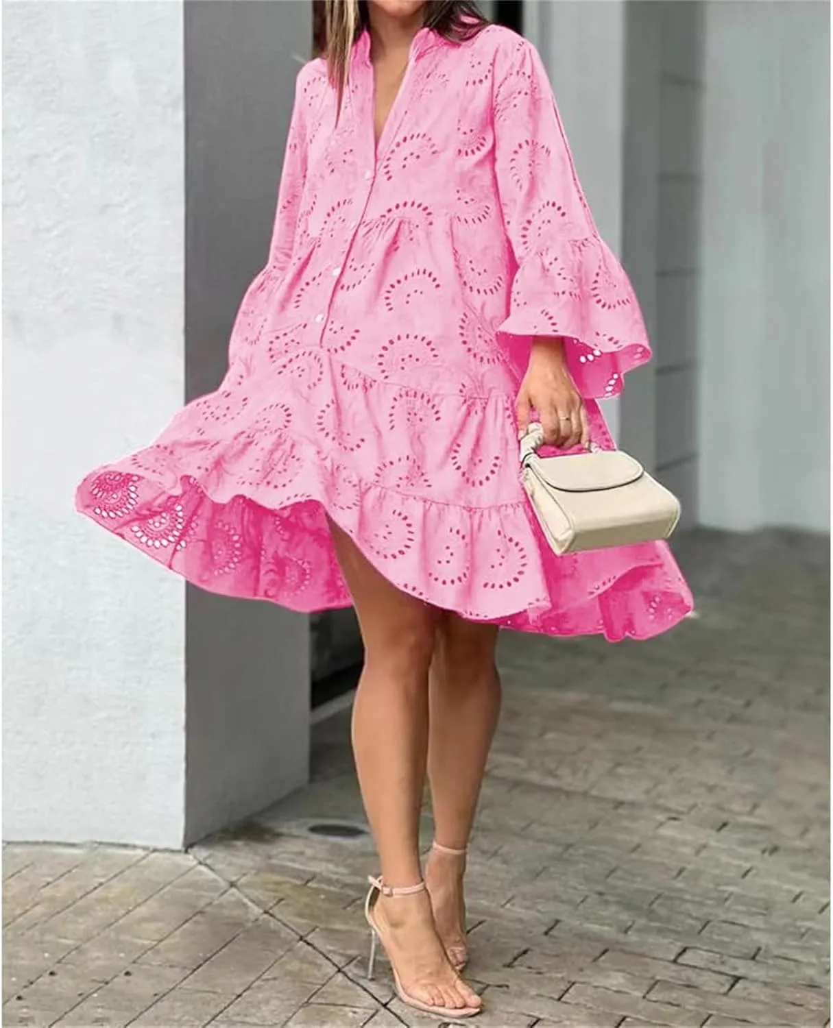 Floral Dress for Women Long Sleeve Summer Midi Dresses V Neck Boho Dresses Beach Vacation Flowy Sundress Lightweight