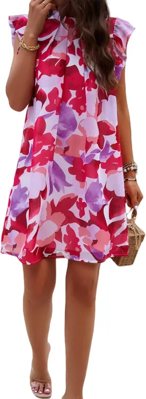 Floral Dresses for Women Summer Loose Casual Short Ruffle Sleeve Print Mini Dress