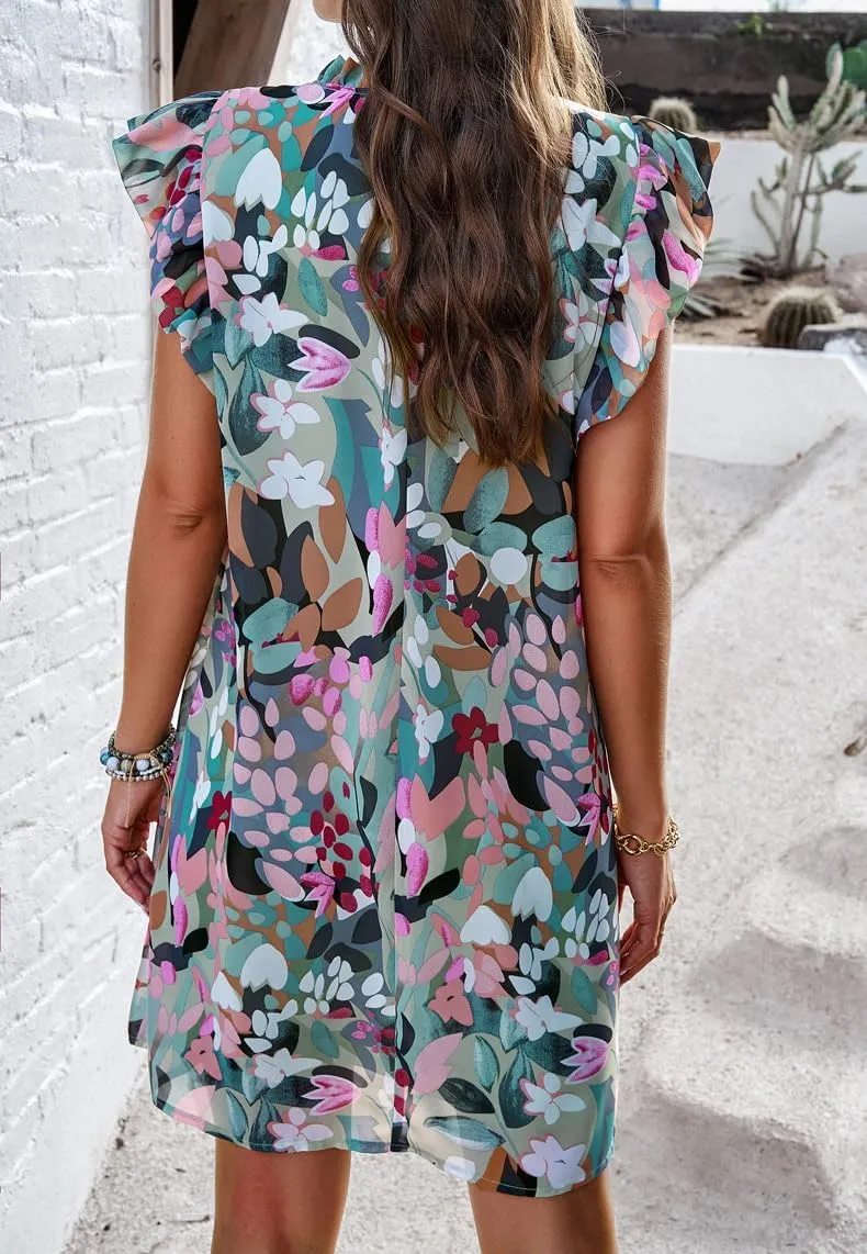 Floral Dresses for Women Summer Loose Casual Short Ruffle Sleeve Print Mini Dress
