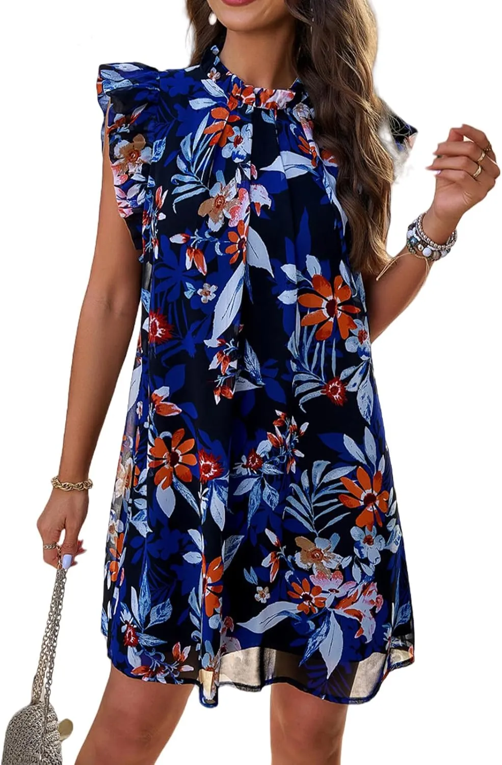 Floral Dresses for Women Summer Loose Casual Short Ruffle Sleeve Print Mini Dress