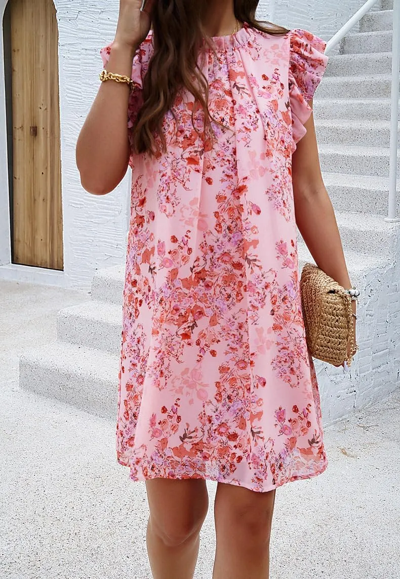 Floral Dresses for Women Summer Loose Casual Short Ruffle Sleeve Print Mini Dress