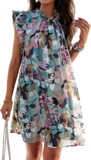 Floral Dresses for Women Summer Loose Casual Short Ruffle Sleeve Print Mini Dress