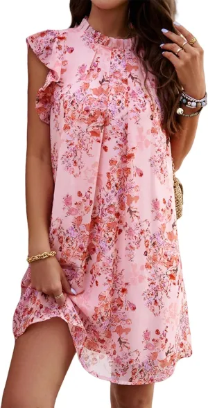 Floral Dresses for Women Summer Loose Casual Short Ruffle Sleeve Print Mini Dress