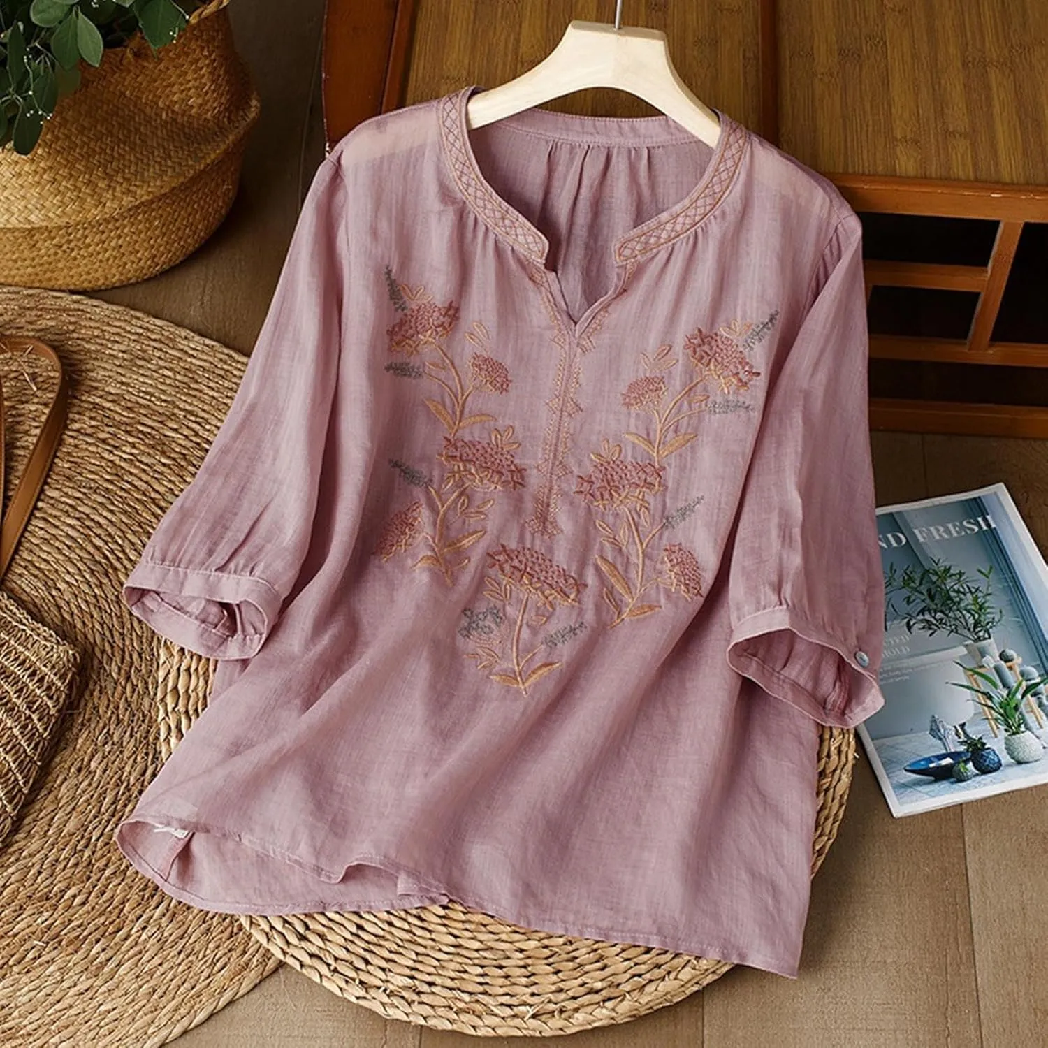 Floral Embroidery Cotton Linen Shirts Women Short Sleeve V Neck Peasant Tops Boho Ethnic Style Blouses 2025 Tshirts