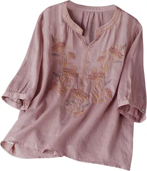 Floral Embroidery Cotton Linen Shirts Women Short Sleeve V Neck Peasant Tops Boho Ethnic Style Blouses 2025 Tshirts