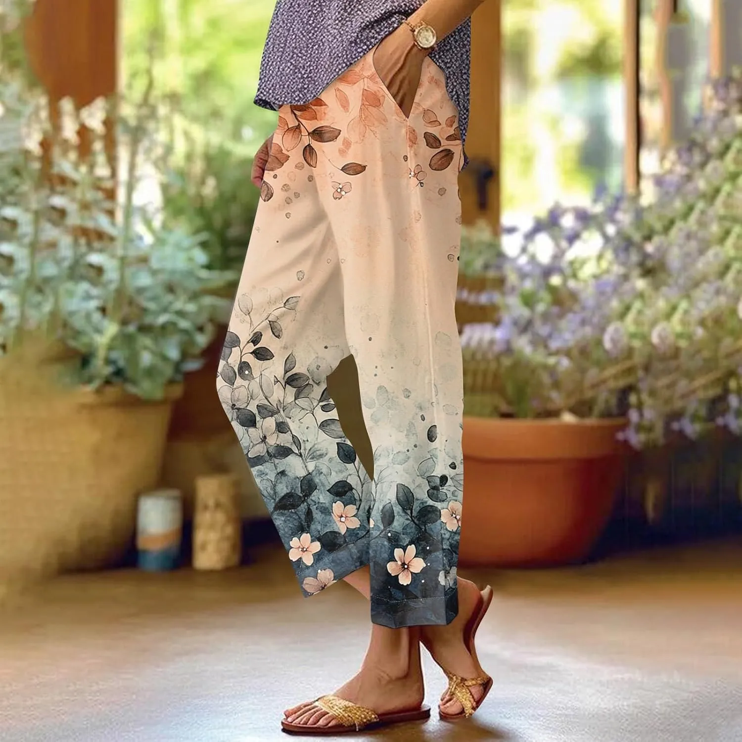 Floral Lightweight Pants for Women Beach Linen High Rise Pant Lounge Elastic Waist Summer Trouser Pockets Comfy Outfit