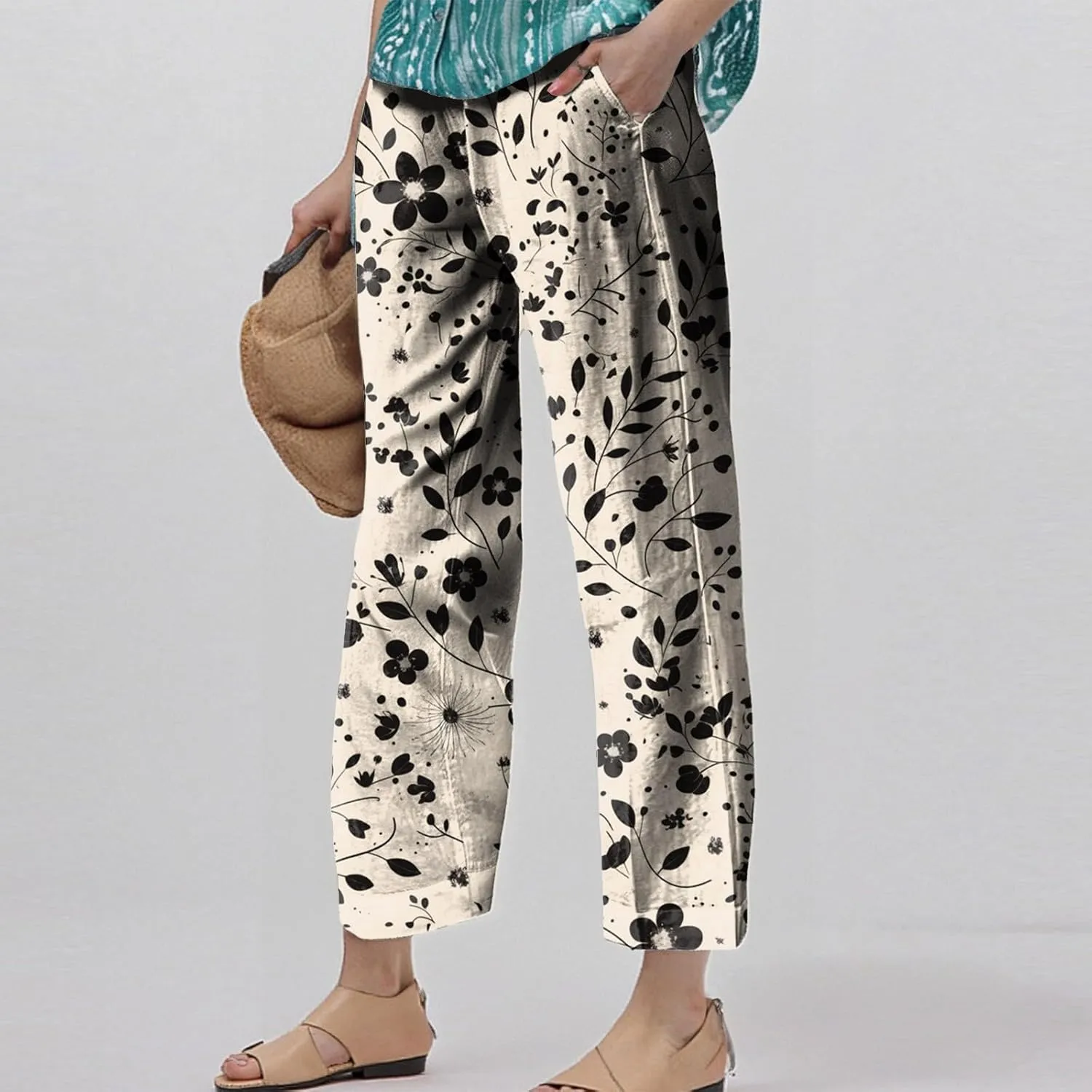 Floral Lightweight Pants for Women Beach Linen High Rise Pant Lounge Elastic Waist Summer Trouser Pockets Comfy Outfit