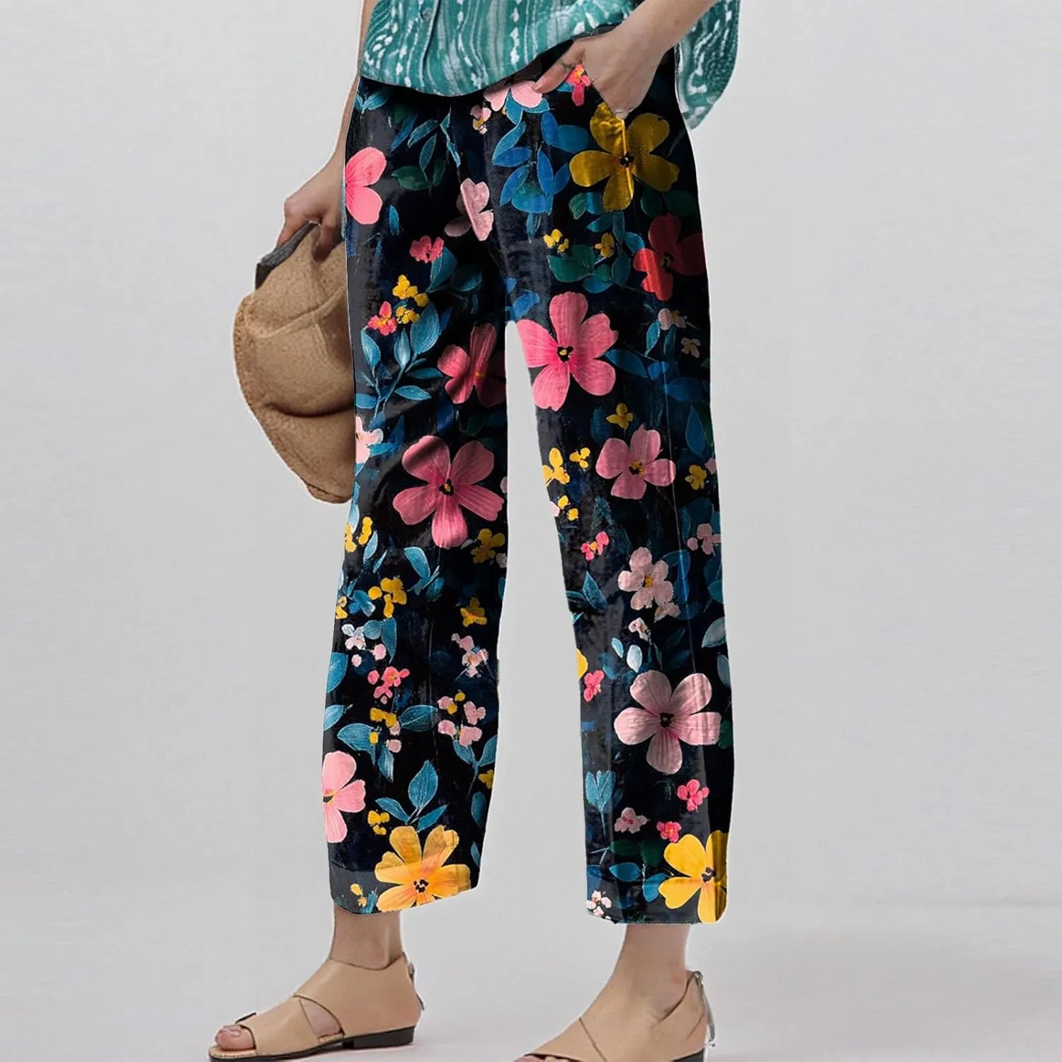 Floral Lightweight Pants for Women Beach Linen High Rise Pant Lounge Elastic Waist Summer Trouser Pockets Comfy Outfit