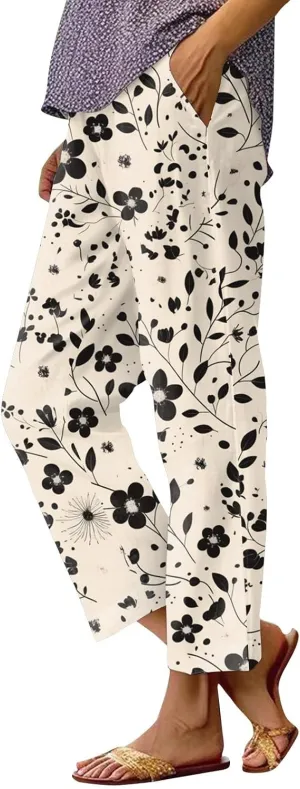 Floral Lightweight Pants for Women Beach Linen High Rise Pant Lounge Elastic Waist Summer Trouser Pockets Comfy Outfit
