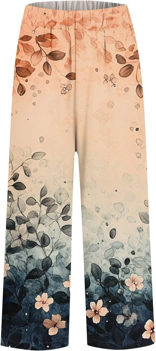 Floral Lightweight Pants for Women Beach Linen High Rise Pant Lounge Elastic Waist Summer Trouser Pockets Comfy Outfit