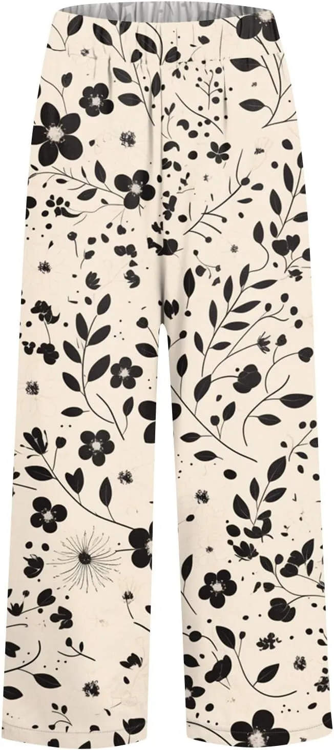 Floral Lightweight Pants for Women Beach Linen High Rise Pant Lounge Elastic Waist Summer Trouser Pockets Comfy Outfit