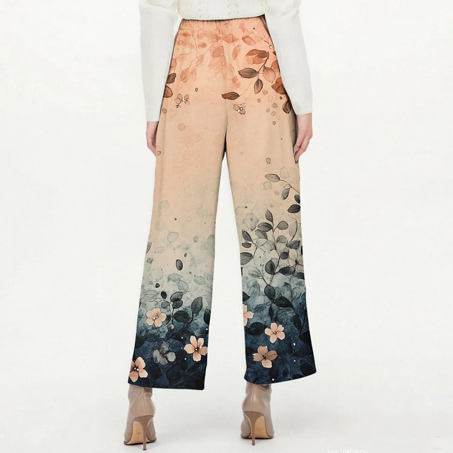 Floral Lightweight Pants for Women Beach Linen High Rise Pant Lounge Elastic Waist Summer Trouser Pockets Comfy Outfit