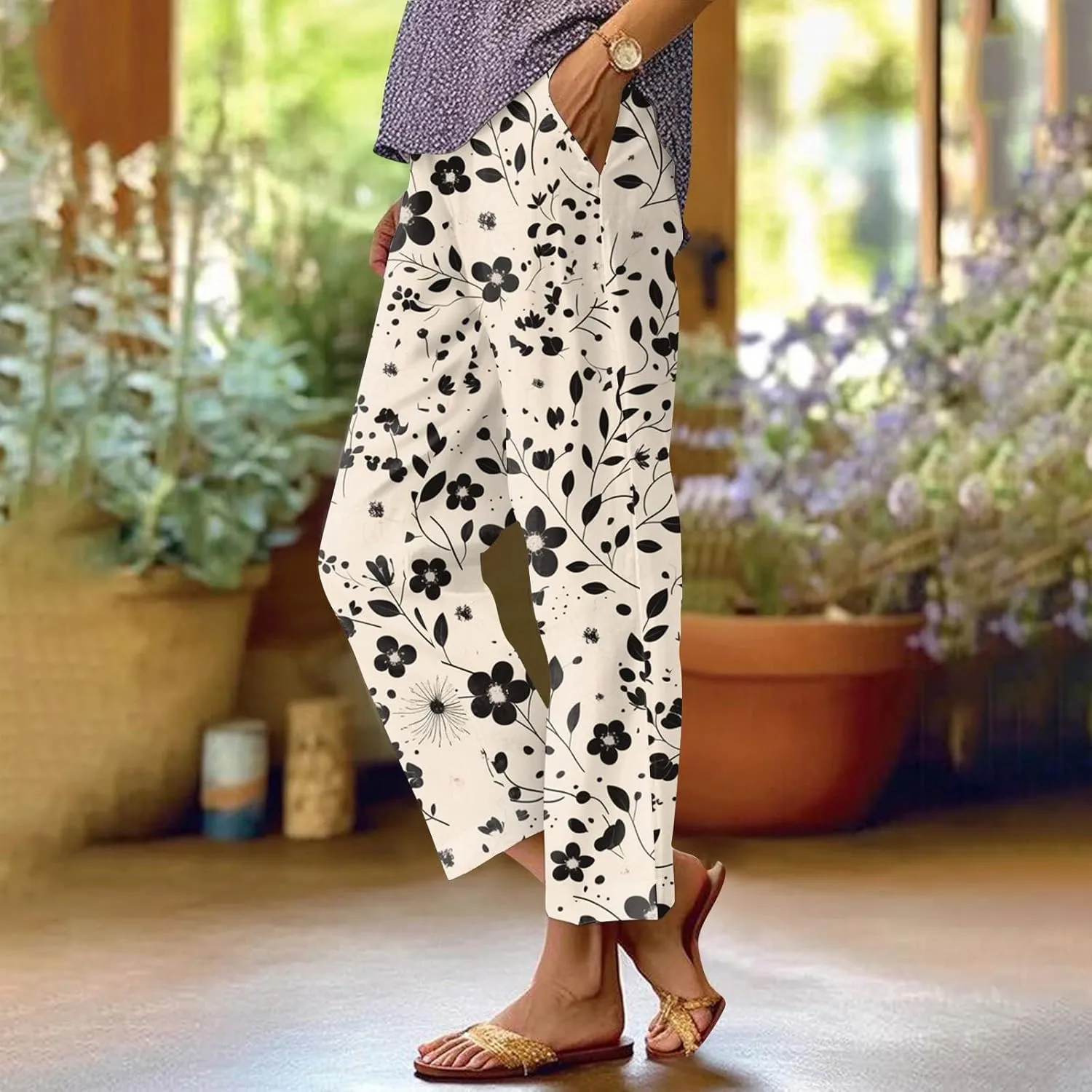 Floral Lightweight Pants for Women Beach Linen High Rise Pant Lounge Elastic Waist Summer Trouser Pockets Comfy Outfit