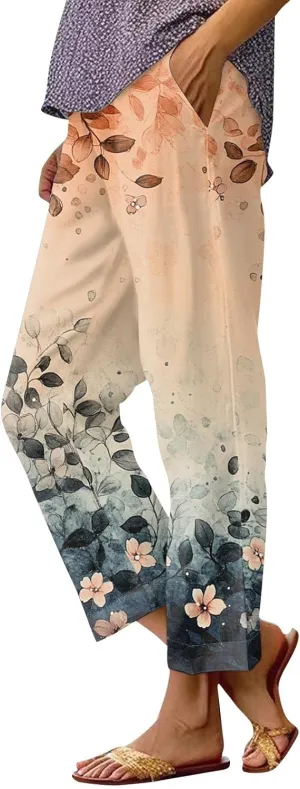 Floral Lightweight Pants for Women Beach Linen High Rise Pant Lounge Elastic Waist Summer Trouser Pockets Comfy Outfit