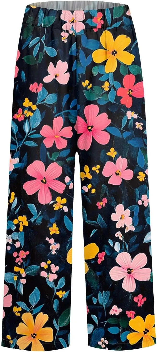 Floral Lightweight Pants for Women Beach Linen High Rise Pant Lounge Elastic Waist Summer Trouser Pockets Comfy Outfit