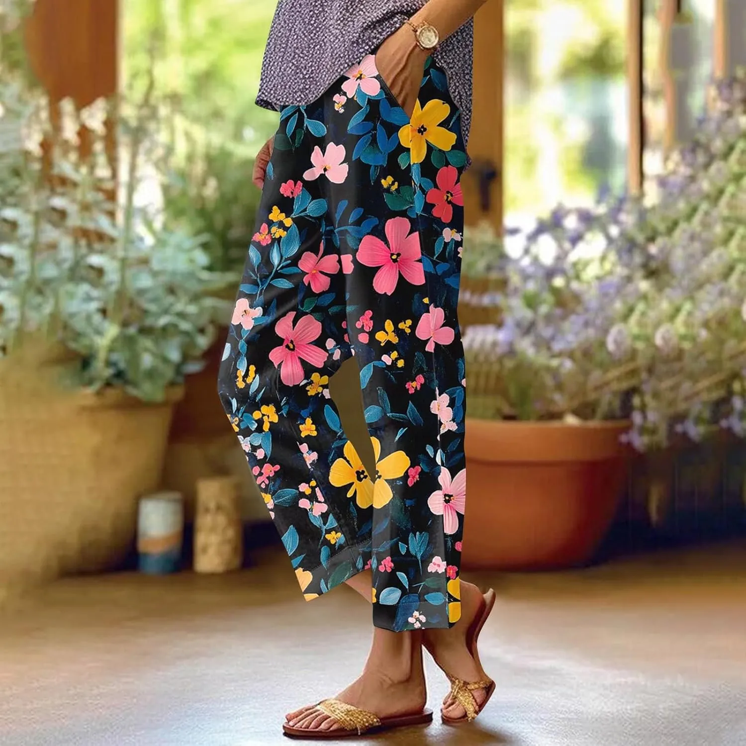 Floral Lightweight Pants for Women Beach Linen High Rise Pant Lounge Elastic Waist Summer Trouser Pockets Comfy Outfit
