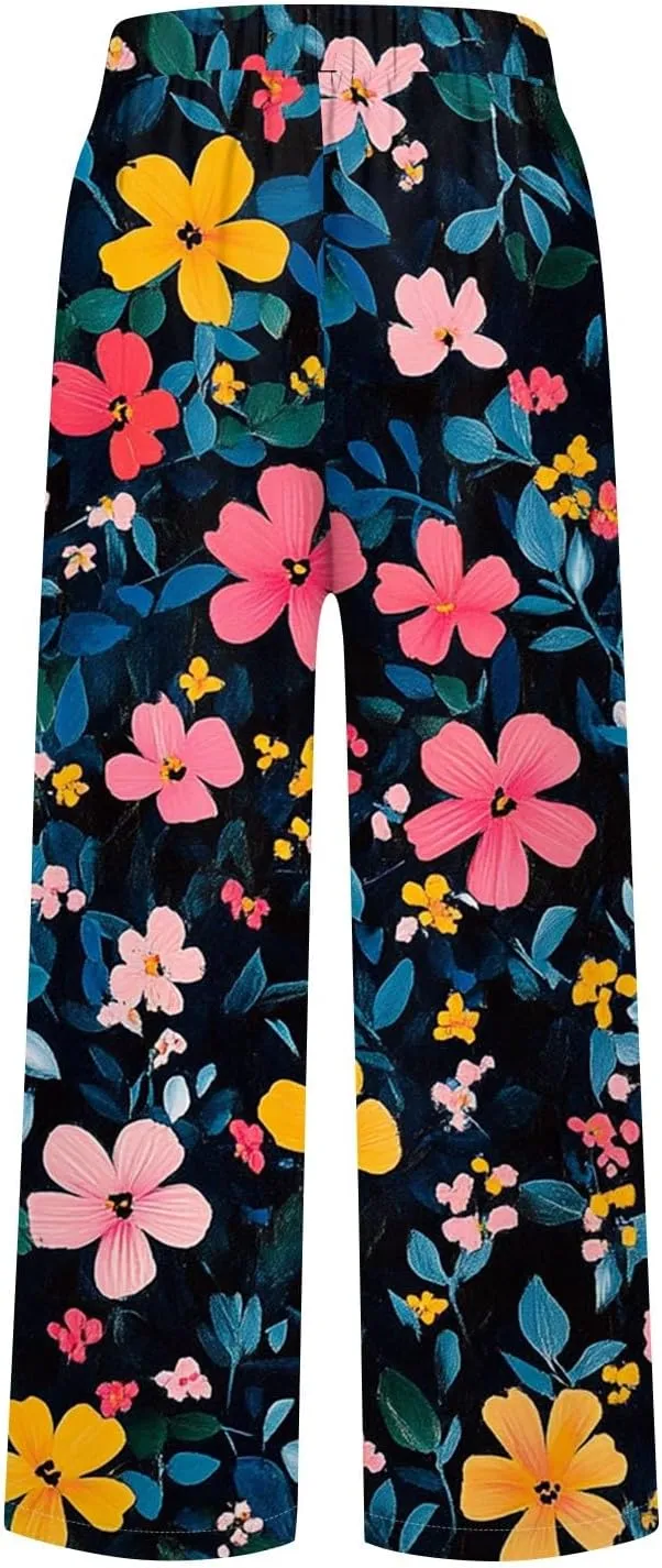 Floral Lightweight Pants for Women Beach Linen High Rise Pant Lounge Elastic Waist Summer Trouser Pockets Comfy Outfit