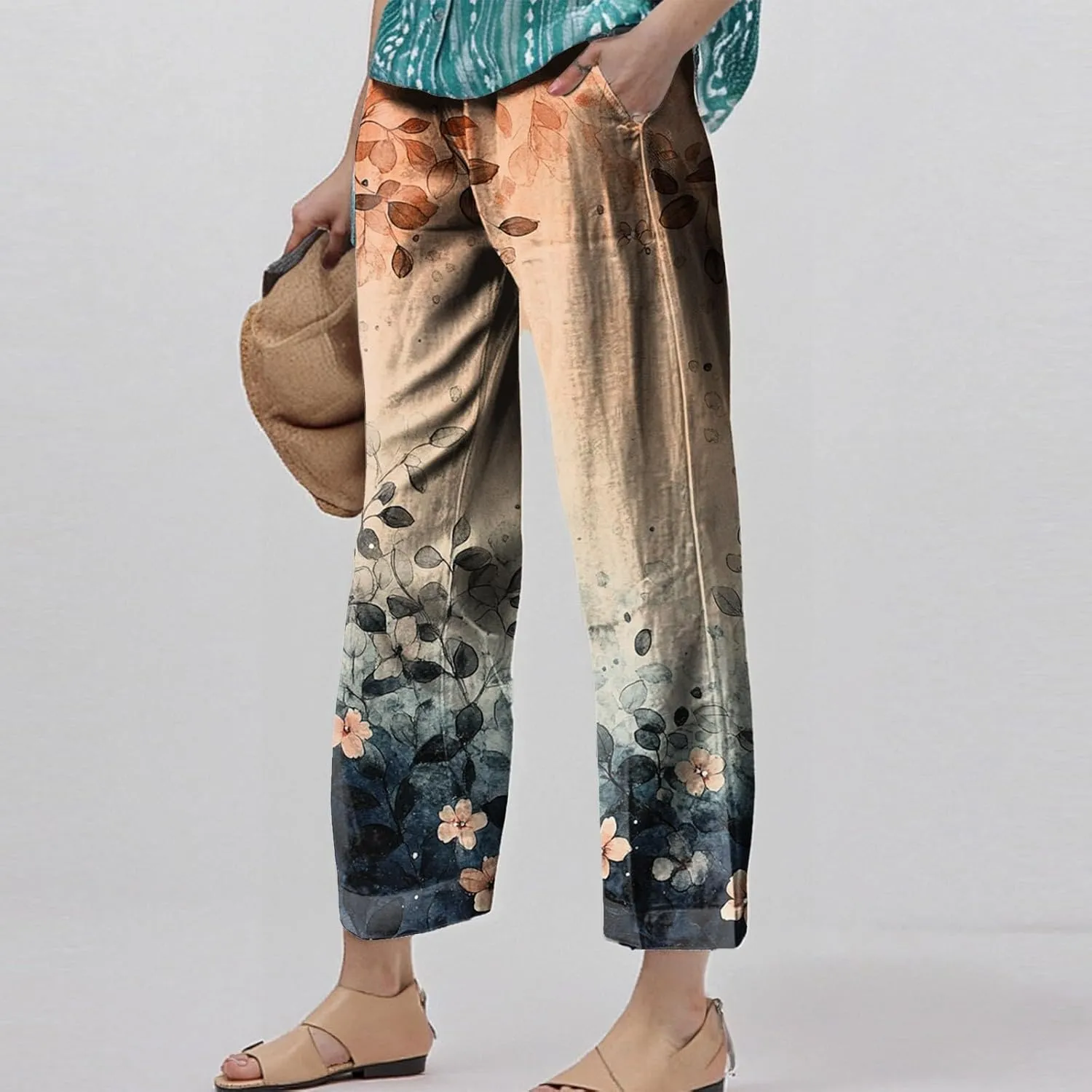 Floral Lightweight Pants for Women Beach Linen High Rise Pant Lounge Elastic Waist Summer Trouser Pockets Comfy Outfit