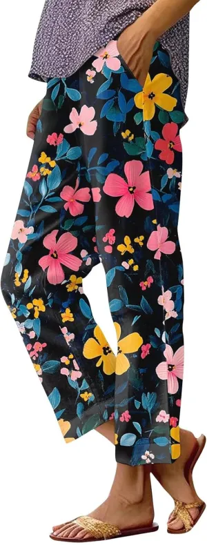 Floral Lightweight Pants for Women Beach Linen High Rise Pant Lounge Elastic Waist Summer Trouser Pockets Comfy Outfit