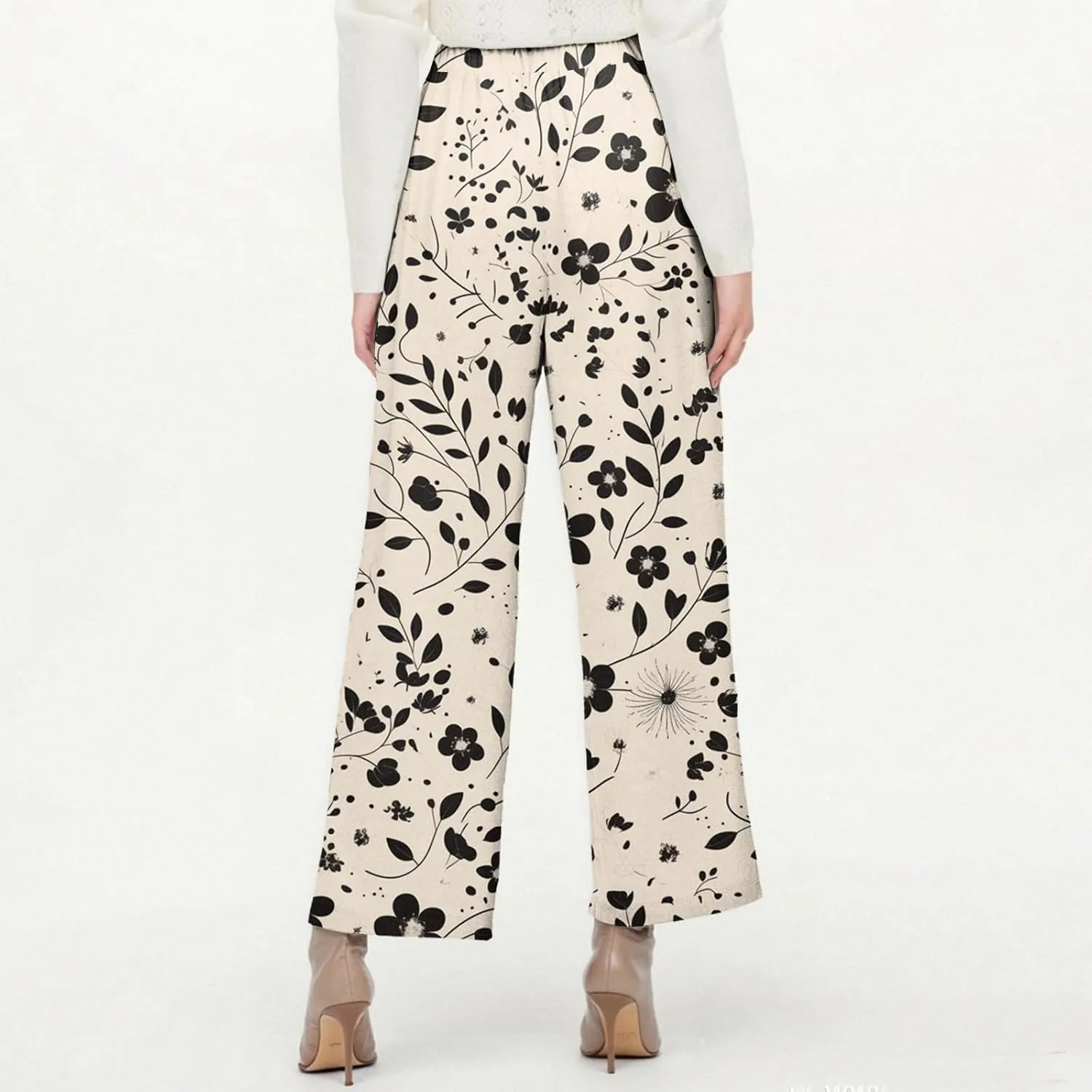 Floral Lightweight Pants for Women Beach Linen High Rise Pant Lounge Elastic Waist Summer Trouser Pockets Comfy Outfit