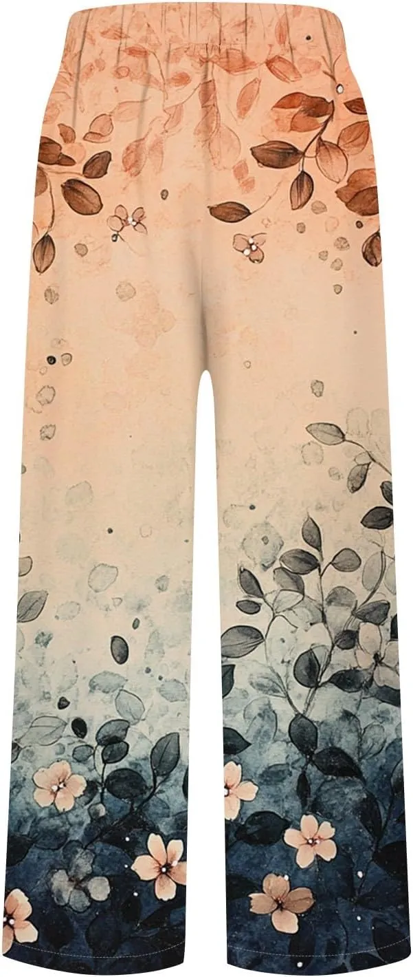Floral Lightweight Pants for Women Beach Linen High Rise Pant Lounge Elastic Waist Summer Trouser Pockets Comfy Outfit