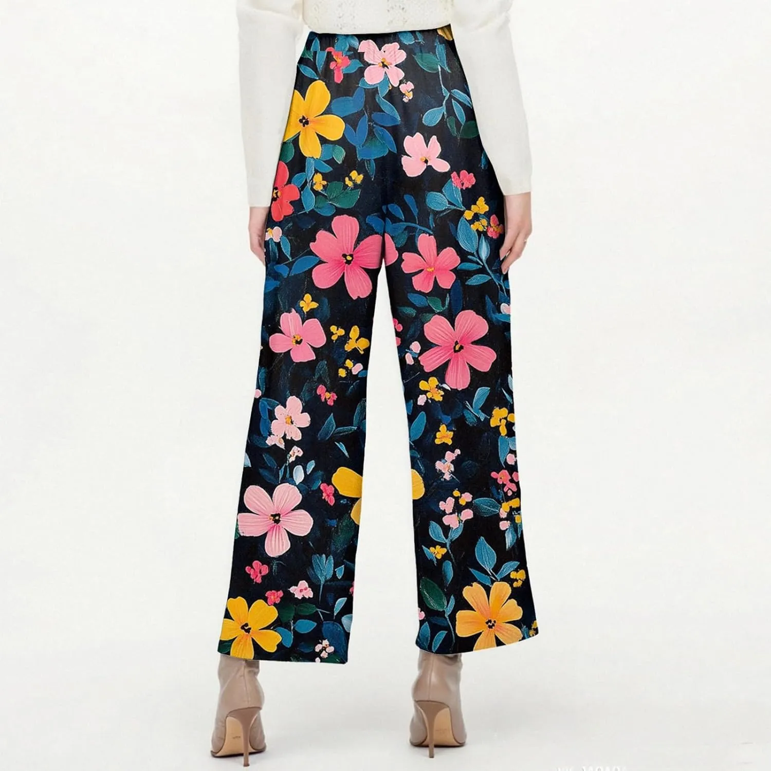 Floral Lightweight Pants for Women Beach Linen High Rise Pant Lounge Elastic Waist Summer Trouser Pockets Comfy Outfit
