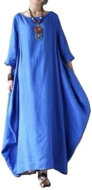 Floral Linen Maxi Dress for Women Boho Loose Fit Trendy Cocktail Party A Line 3/4 Sleeve Sun Dress Crewneck