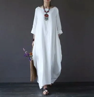 Floral Linen Maxi Dress for Women Boho Loose Fit Trendy Cocktail Party A Line 3/4 Sleeve Sun Dress Crewneck