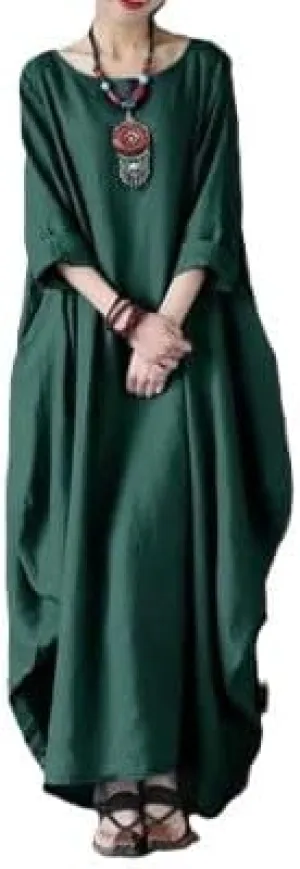 Floral Linen Maxi Dress for Women Boho Loose Fit Trendy Cocktail Party A Line 3/4 Sleeve Sun Dress Crewneck