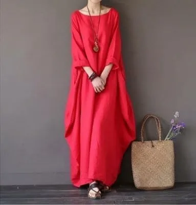 Floral Linen Maxi Dress for Women Boho Loose Fit Trendy Cocktail Party A Line 3/4 Sleeve Sun Dress Crewneck
