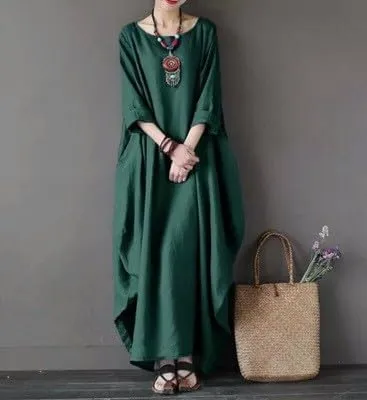 Floral Linen Maxi Dress for Women Boho Loose Fit Trendy Cocktail Party A Line 3/4 Sleeve Sun Dress Crewneck