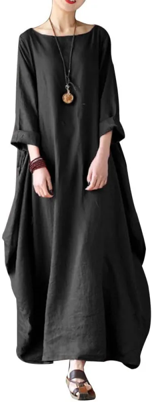 Floral Linen Maxi Dress for Women Boho Loose Fit Trendy Cocktail Party A Line 3/4 Sleeve Sun Dress Crewneck