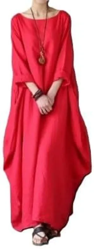 Floral Linen Maxi Dress for Women Boho Loose Fit Trendy Cocktail Party A Line 3/4 Sleeve Sun Dress Crewneck