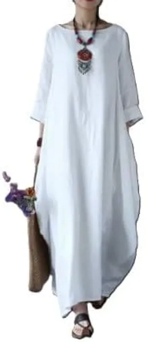 Floral Linen Maxi Dress for Women Boho Loose Fit Trendy Cocktail Party A Line 3/4 Sleeve Sun Dress Crewneck