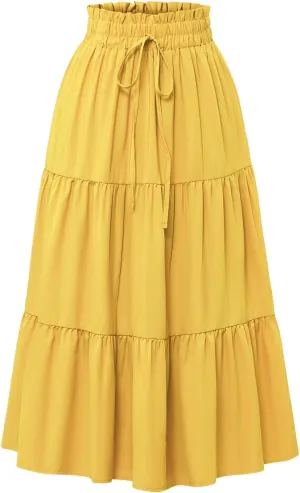 Floral Midi Skirts for Women Summer Flowy Tiered Skirt Drawstring Summer Knee Length A Line Skirts with Pockets