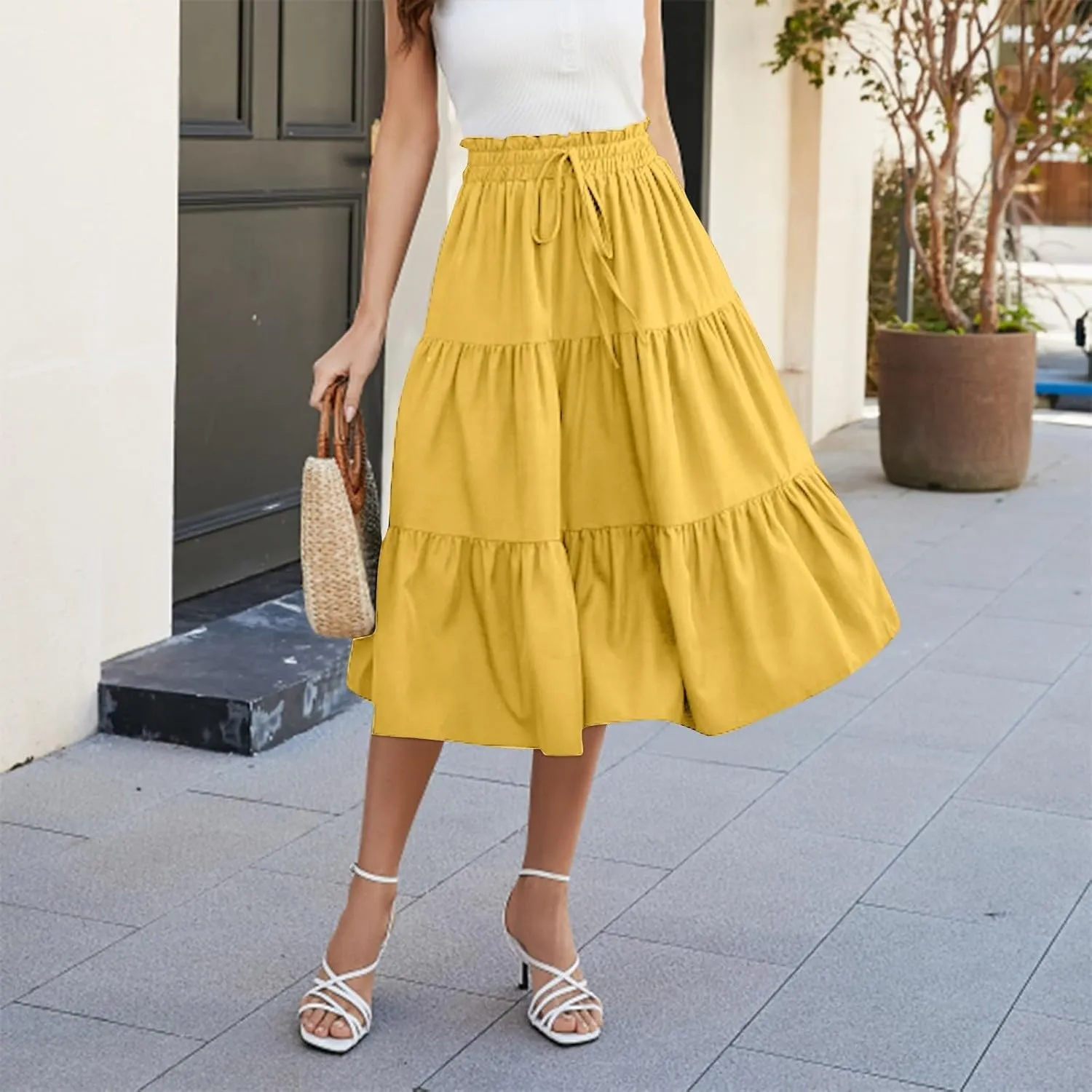 Floral Midi Skirts for Women Summer Flowy Tiered Skirt Drawstring Summer Knee Length A Line Skirts with Pockets